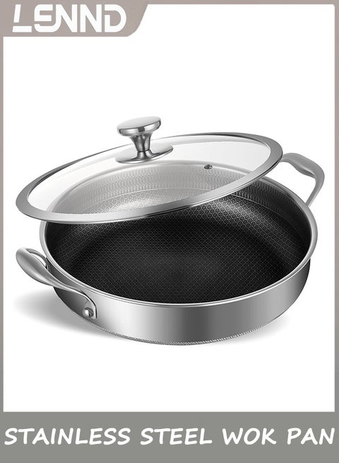 Stainless Steel Wok pan, 32CM Hybrid Woks & Stir-fry Pans, Nonstick Cookware with Lid, Deep Frying Pan, Large Kadai Skillet, Saute Pan, Cooking Pot Compatible with All Cooktops, Dishwasher Safe